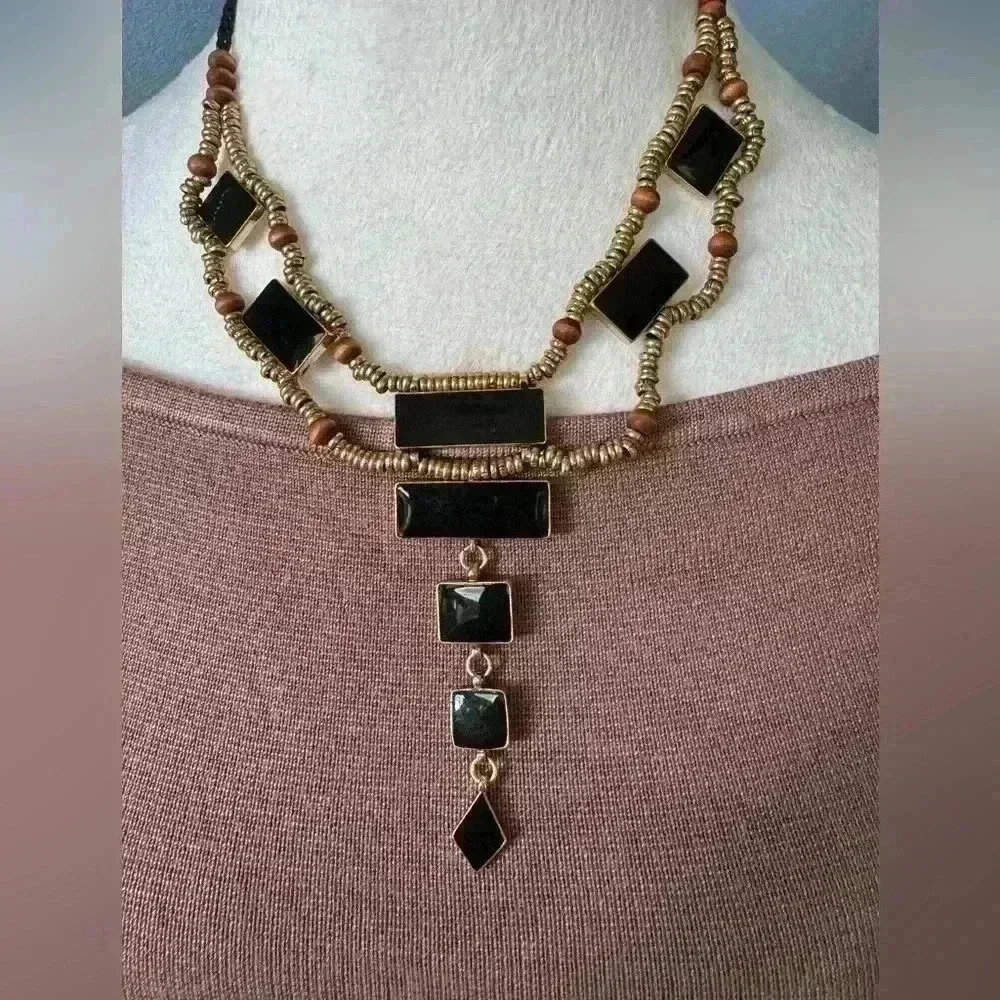 NWT Free People Lately Necklace Black Gold Boho 🖤💛